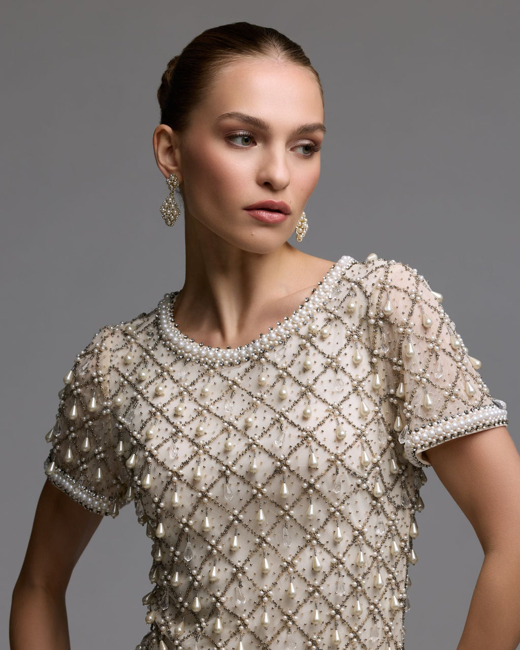 Ivory Pearl Embellished Short Sleeve Mini Dress