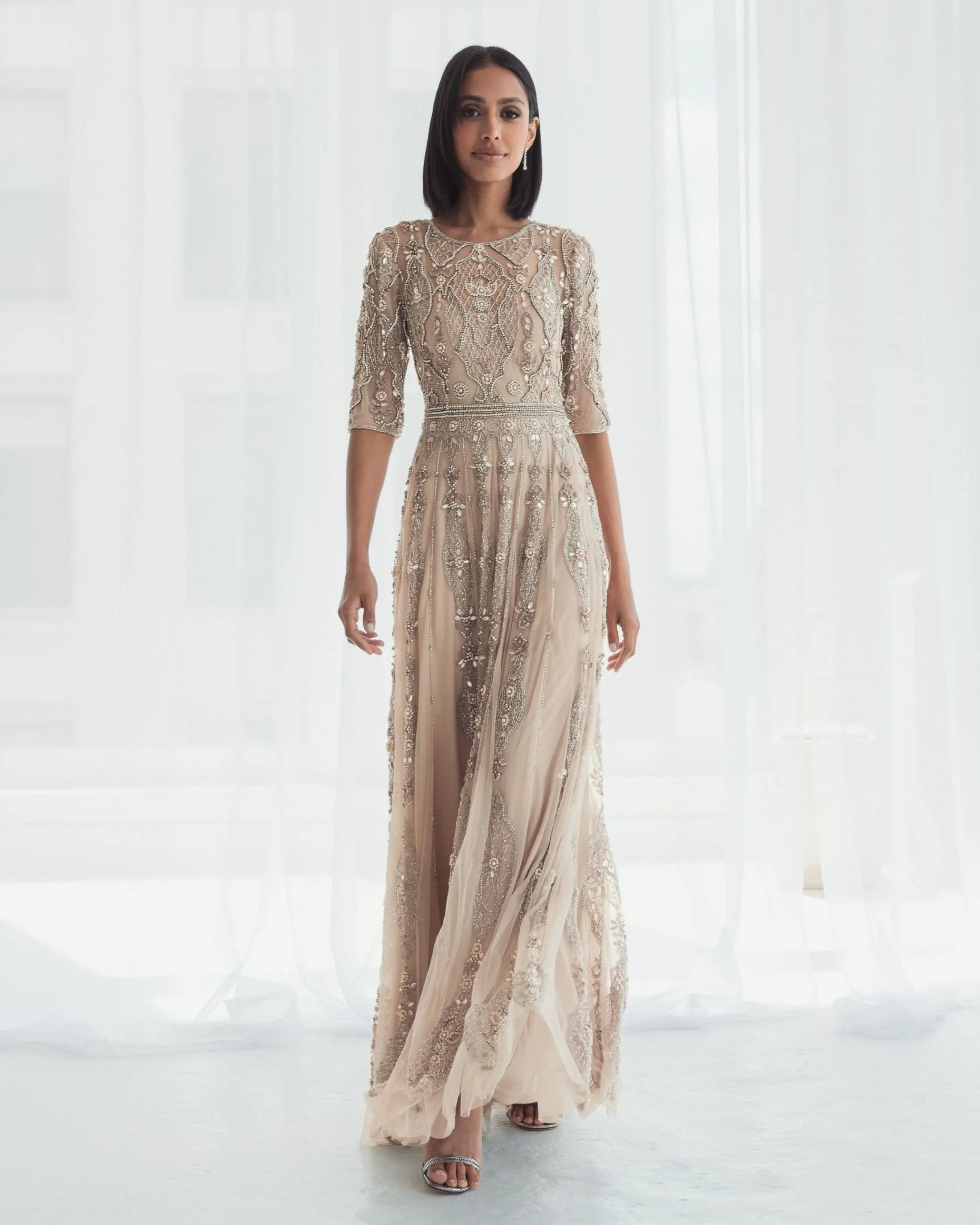 Beige 3/4 Sleeve Embellished A-line Gown