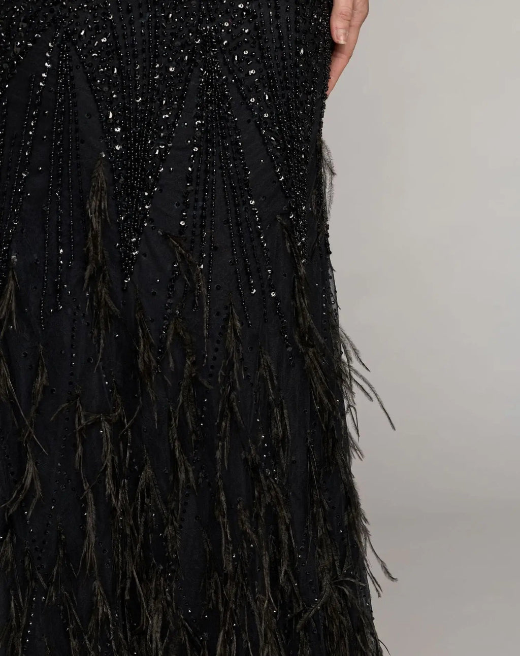 Black Embellished V-Neck Gown With Feather Hem