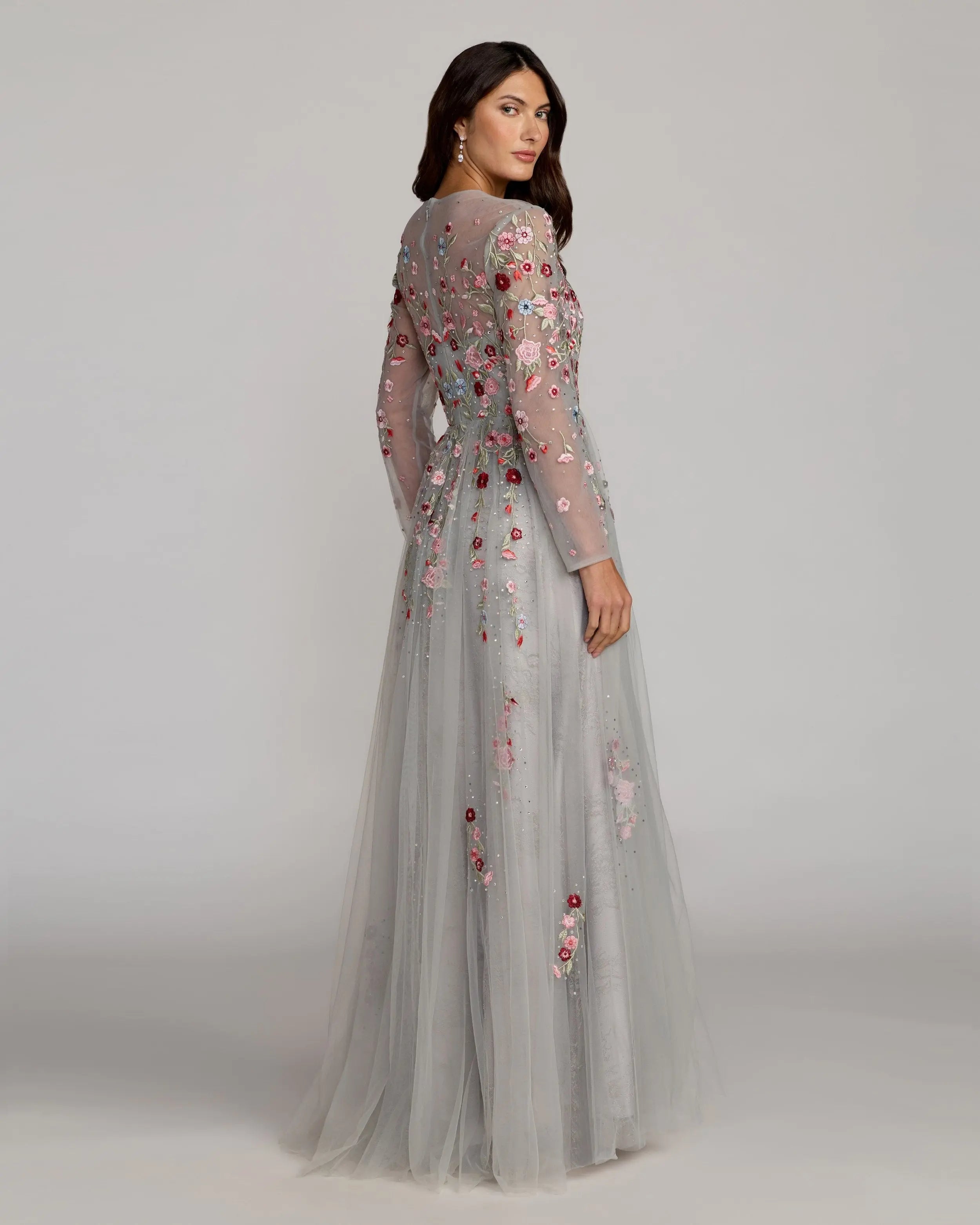 Gray Embroidered Illusion High Neck Long Sleeve A Line Gown