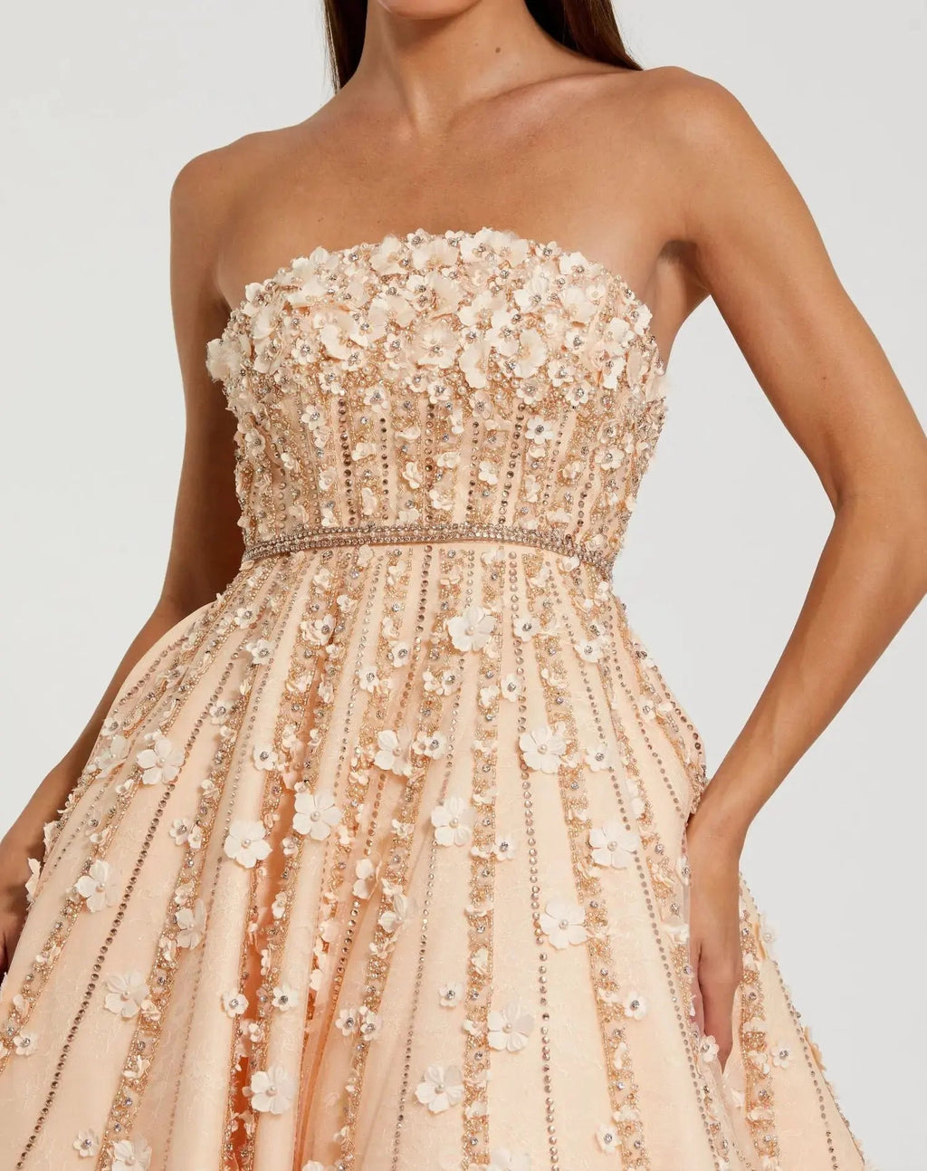Beige Floral Embellished Strapless A-Line Midi Dress