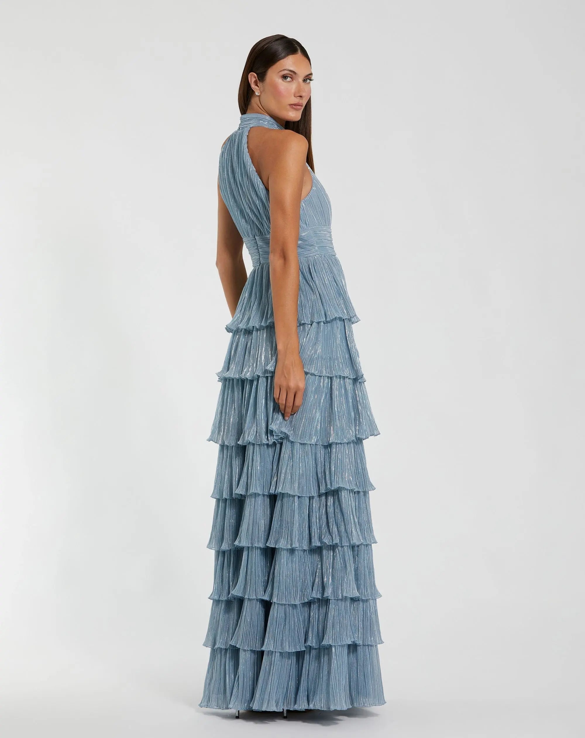 Blue Metallic Halter Neck Ruffle Gown With 3D Flower