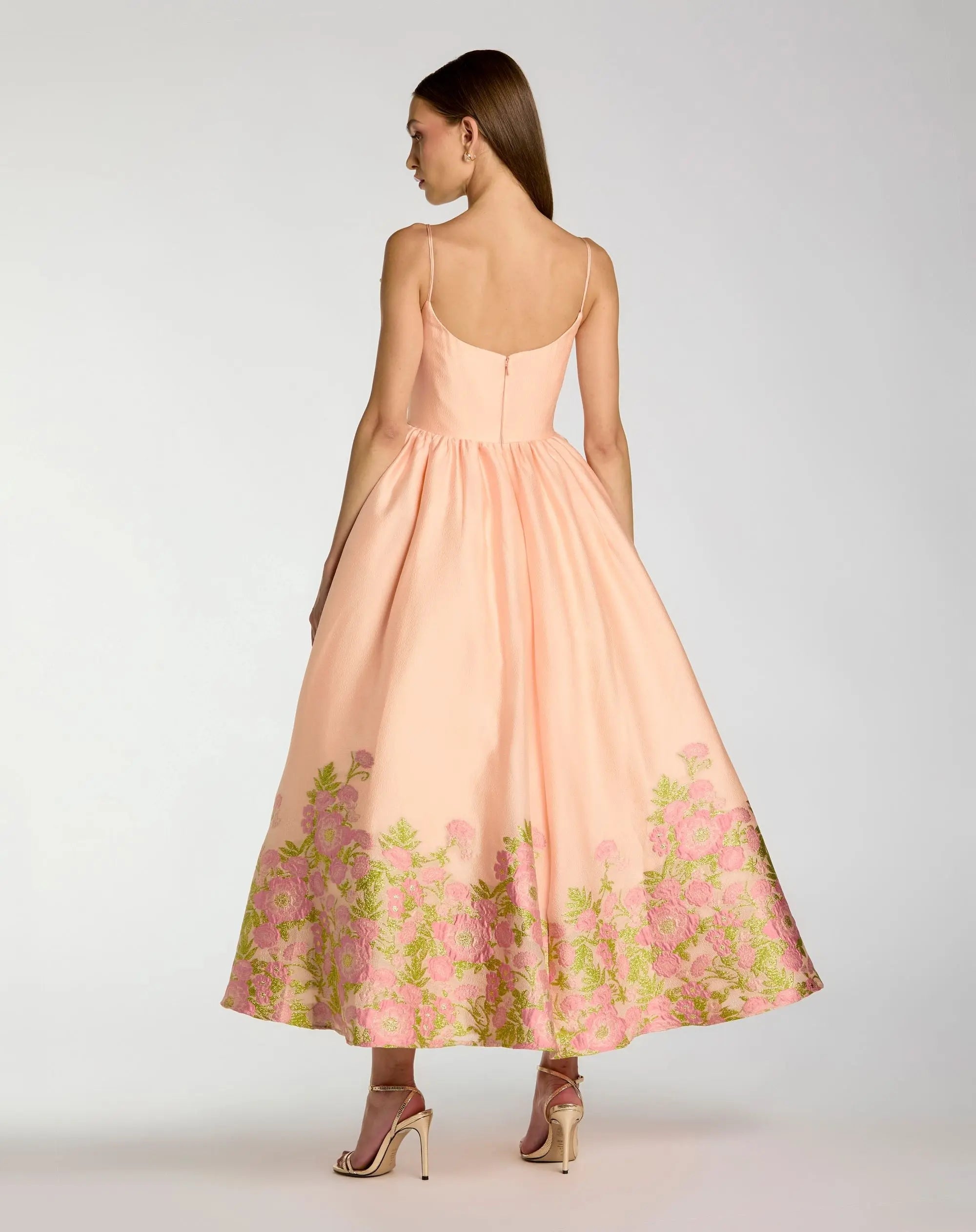 Peach Spaghetti Strap Organza Midi Dress With Bow Detail