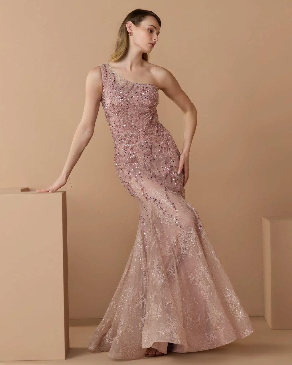 Pink Embellished Lace One Shoulder Mermaid Gown