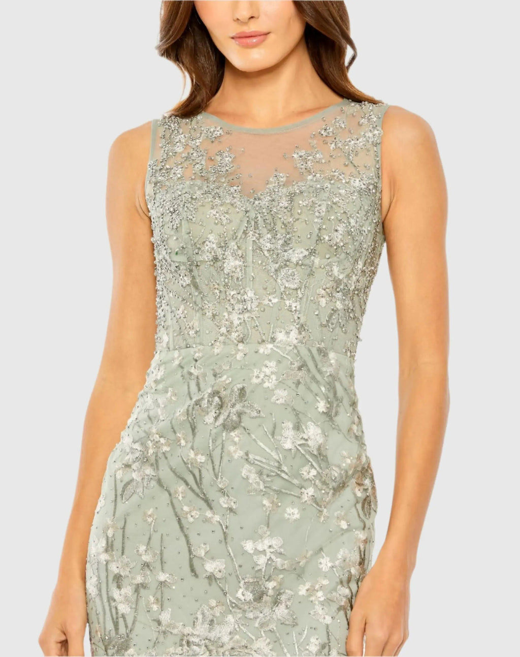 Green Sleeveless Embroidered Trumpet Midi Dress