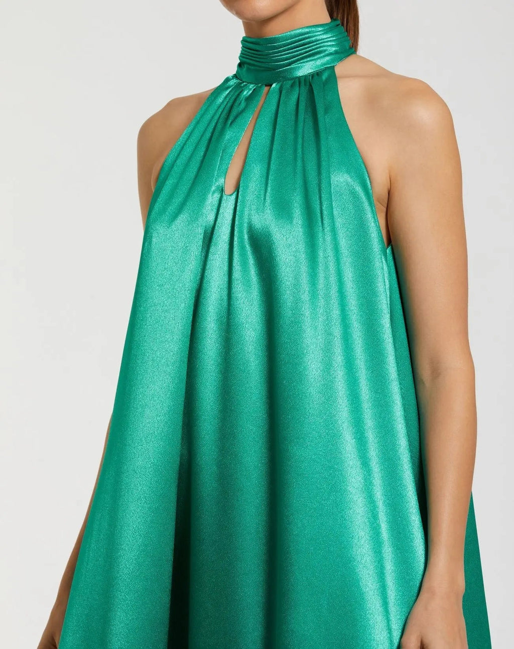 Green Sleeveless Halter Neck Keyhole Satin High Low Gown