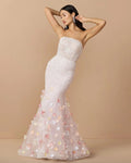 Pink Strapless Embellished Mermaid Gown With 3D Floral Hem