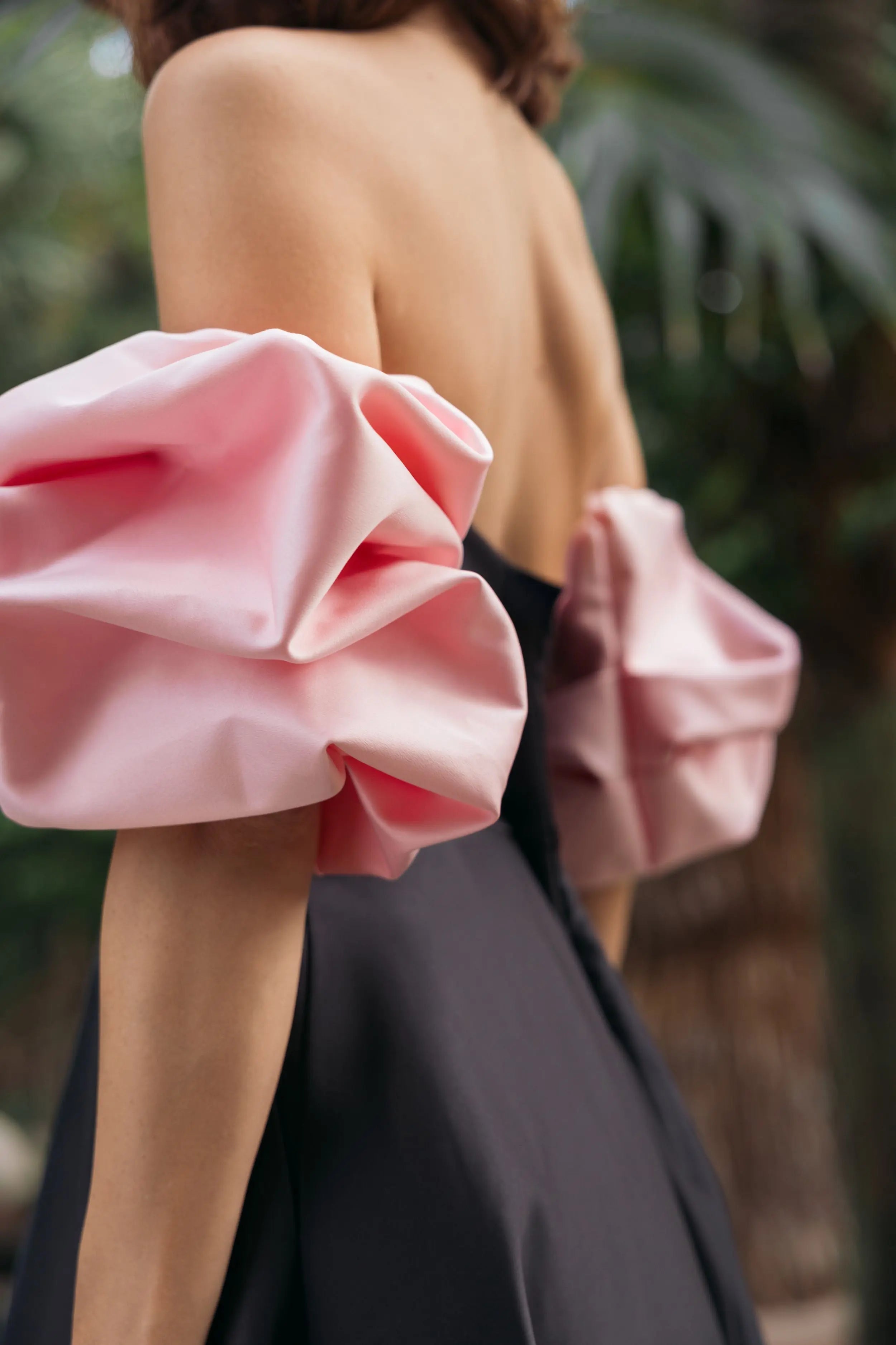 Black Satin Off The Shoulder Puff Sleeve Ball Gown