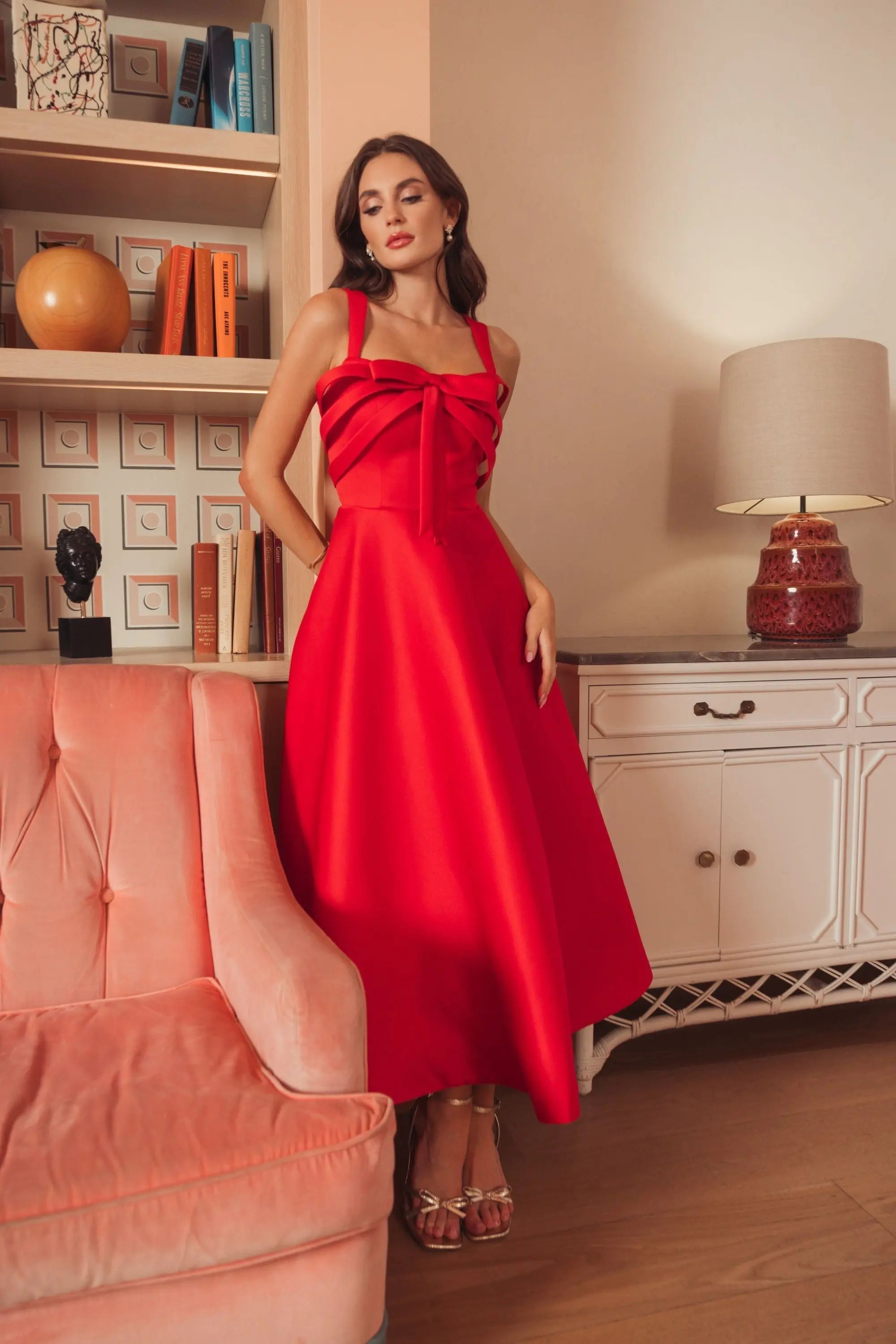 Red Satin Sleeveless A Line Midi Dress With Bow