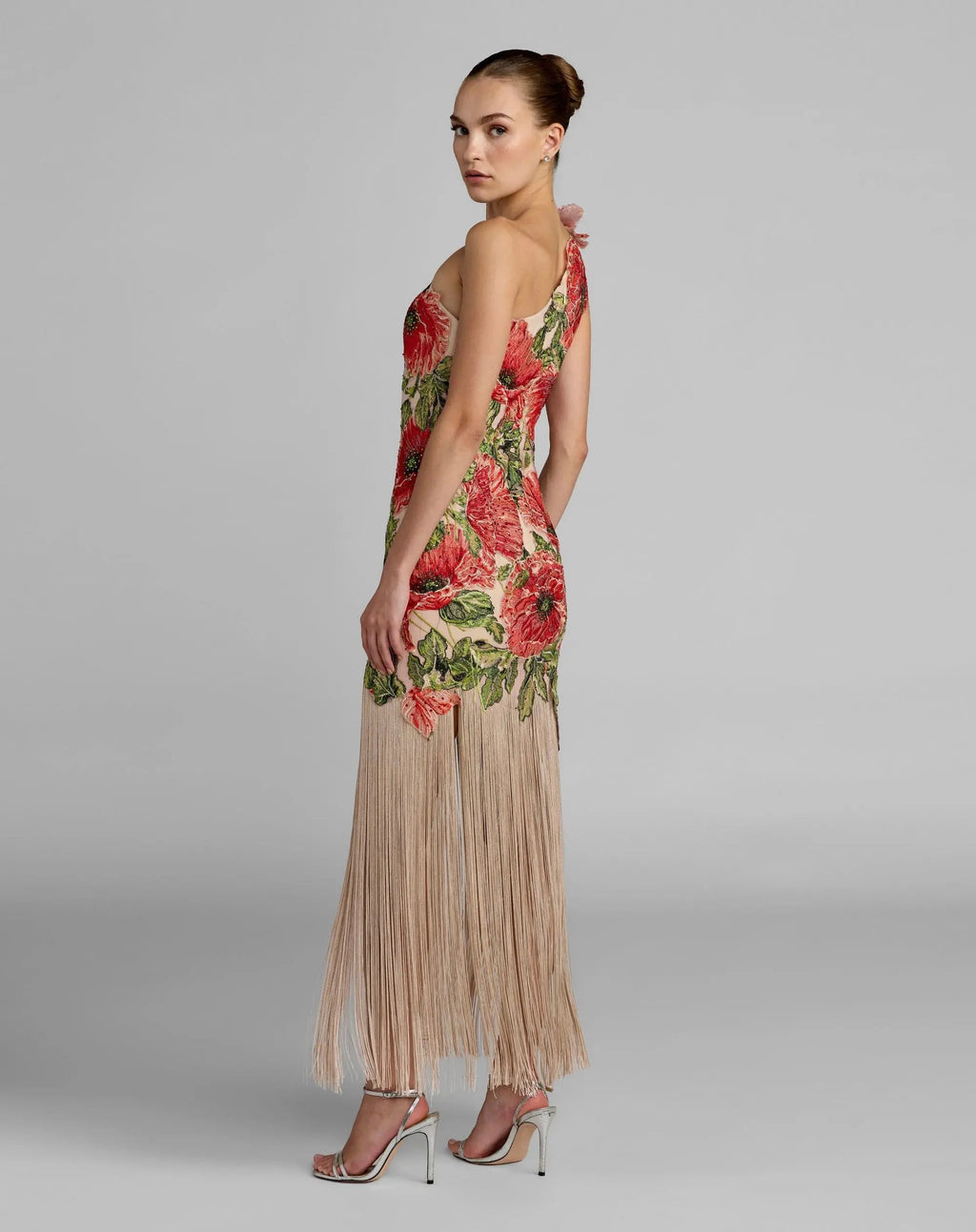 Beige Embroidered One Shoulder Dress With Fringe Hem