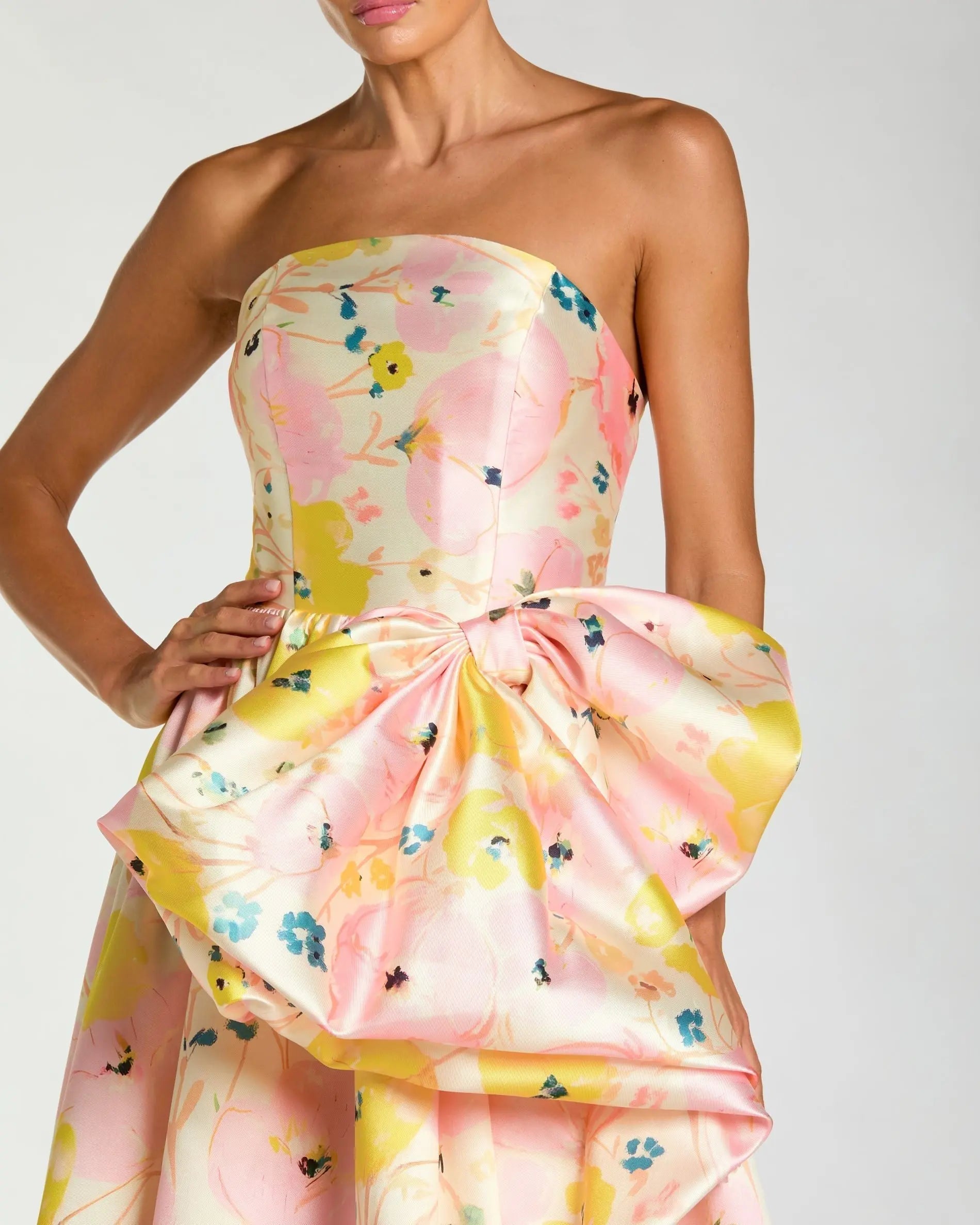 Pink Floral Strapless Bow High Slit Ball Gown