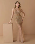 Gold Hand Embellished Open Back Halter Gown