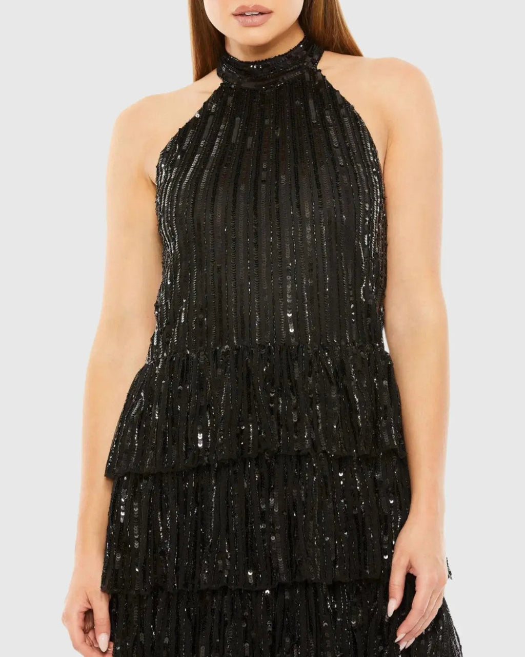 Black High Neck A-Line Ruffle Sequin Mini Dress - FINAL SALE