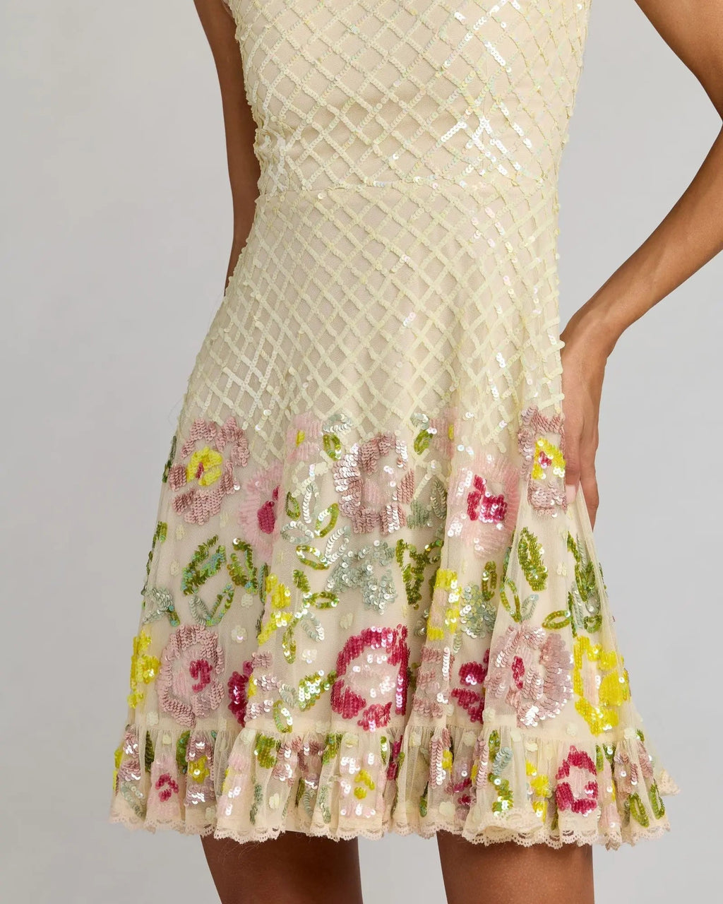 Ivory Floral Sequin Square Neck Mini Dress