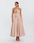 Pink Strapless Satin A Line Midi Dress With 3D Flower