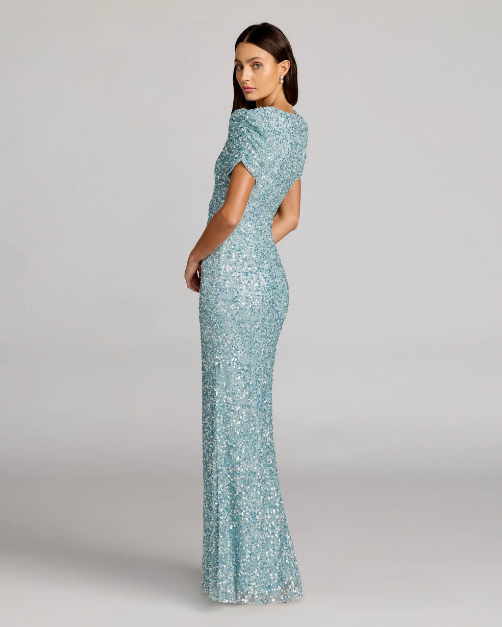 Blue Sequin Trumpet Gown with Puff Sleeves