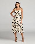 Beige Polka Dot Pearl Trim Ruffle Midi Dress