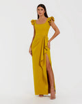Yellow Square Neck Column Gown With Ruffle Detail