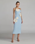 Blue Boucle Strapless 3D Floral Midi Dress
