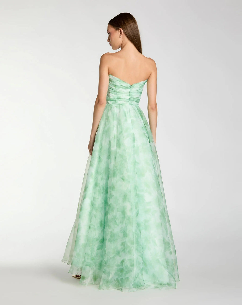 Green Strapless Floral Chiffon Gown with Ruched Detail