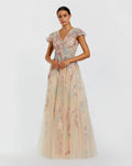 Beige Embroidered Tulle V-Neck Gown