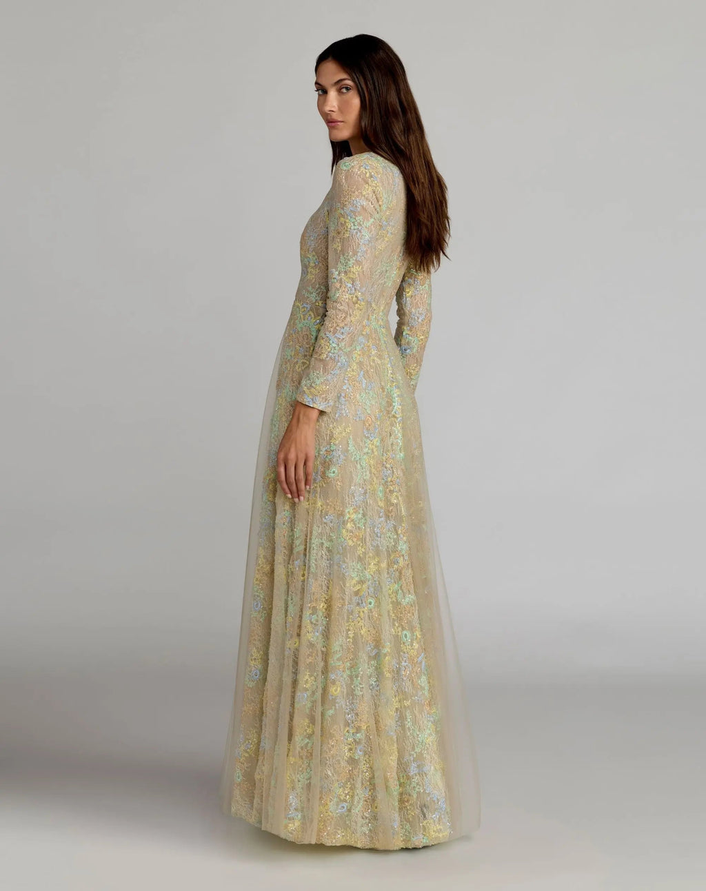Beige Long Sleeve Embellished Lace A-Line Gown