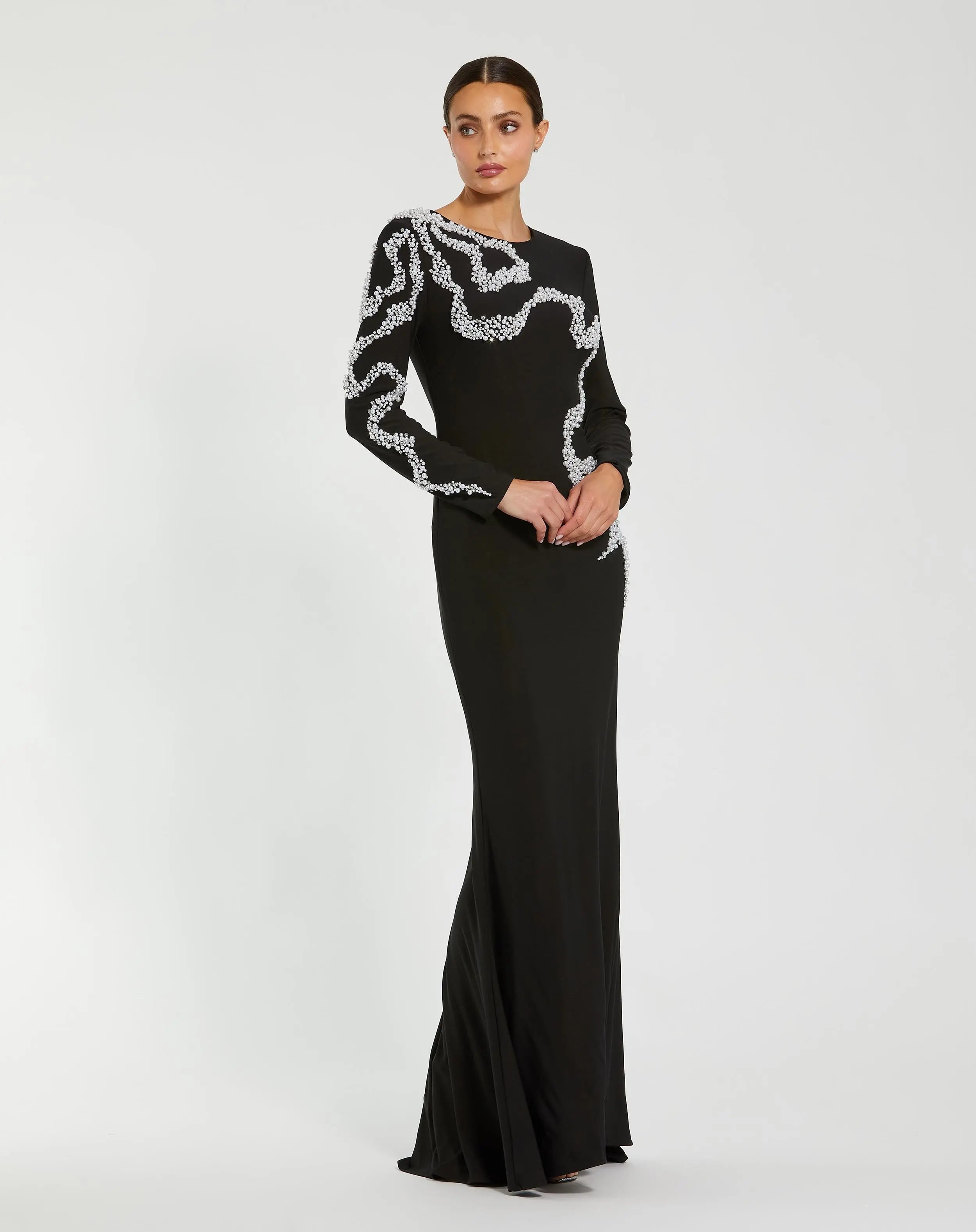 Black Jersey Evening Gown With Beaded Swirl Detail