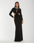 Black Embellished Jersey Long Sleeve Cut Out Evening Gown