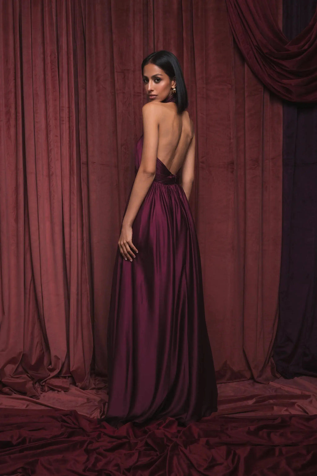 Purple Halter Neck Open Back Satin Gown With Slit