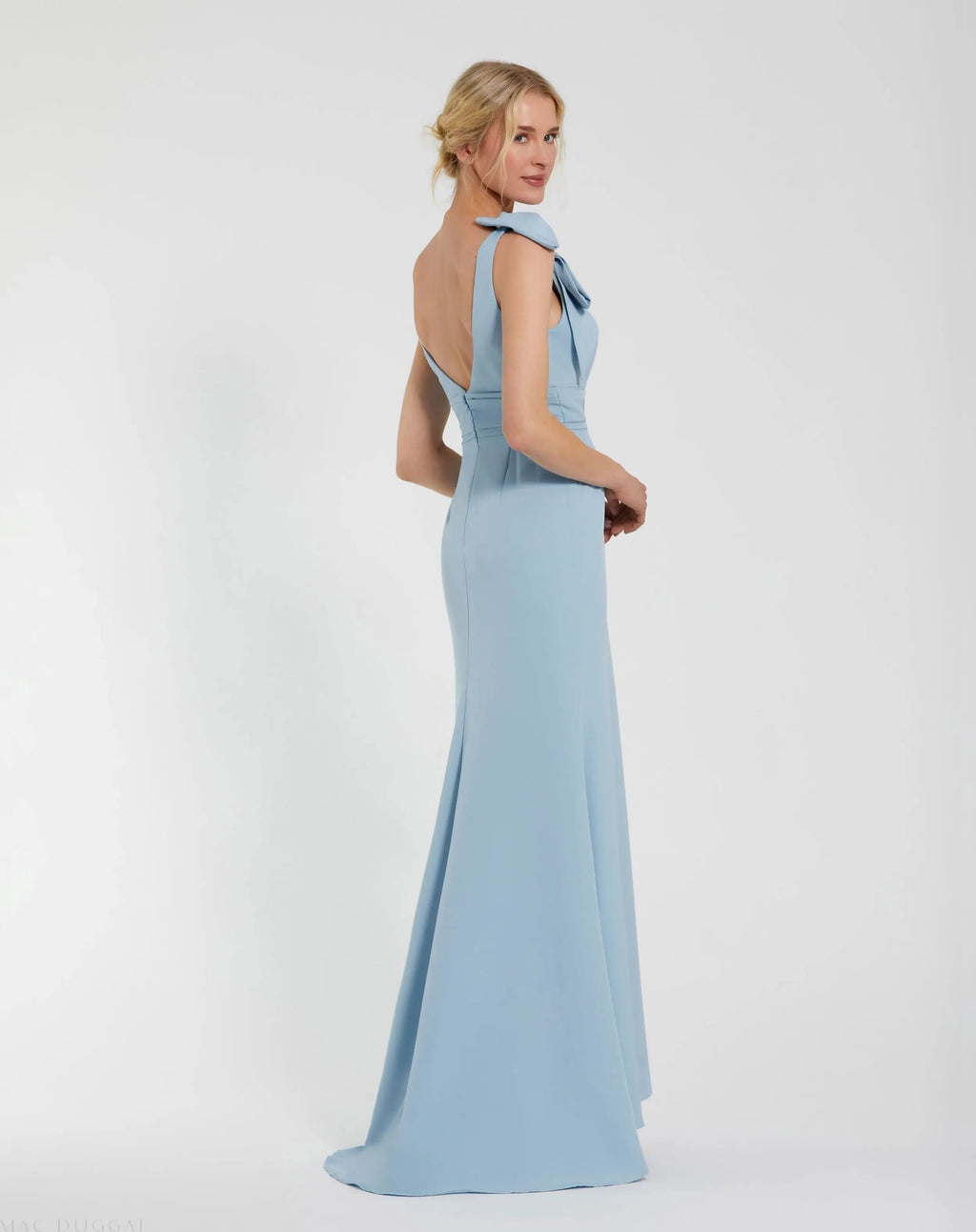Blue Sleeveless V Neck Bow Detail Mermaid Gown