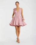 Pink Crepe Sleeveless V-Neck Mini Dress With Bow