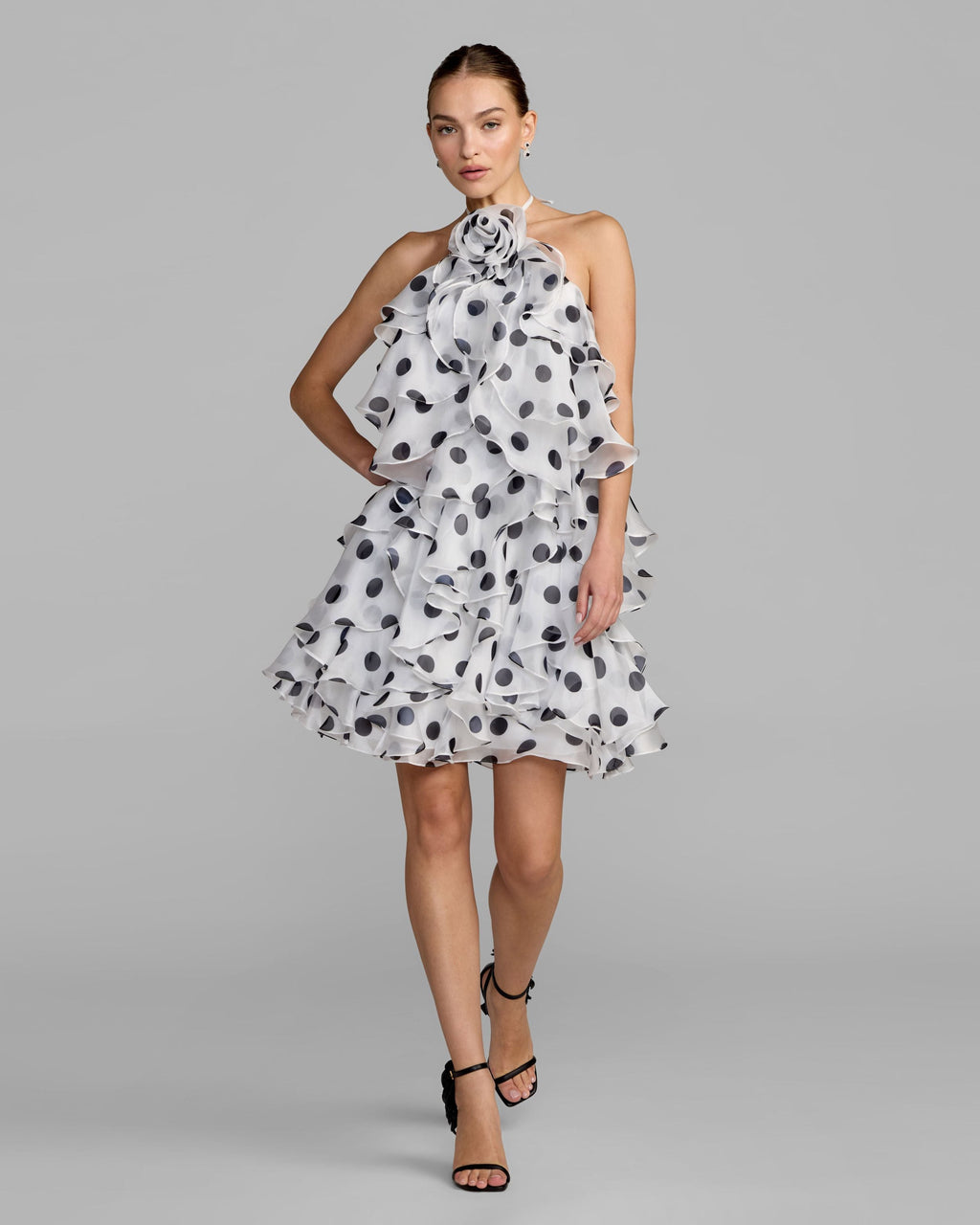 White Polka Dot Halter Neck Ruffle Mini Dress