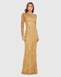 Gold  Long Sleeve Beaded Evening Gown