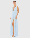 Petite Blue Pleated Chiffon Sleeveless V-Neck Gown