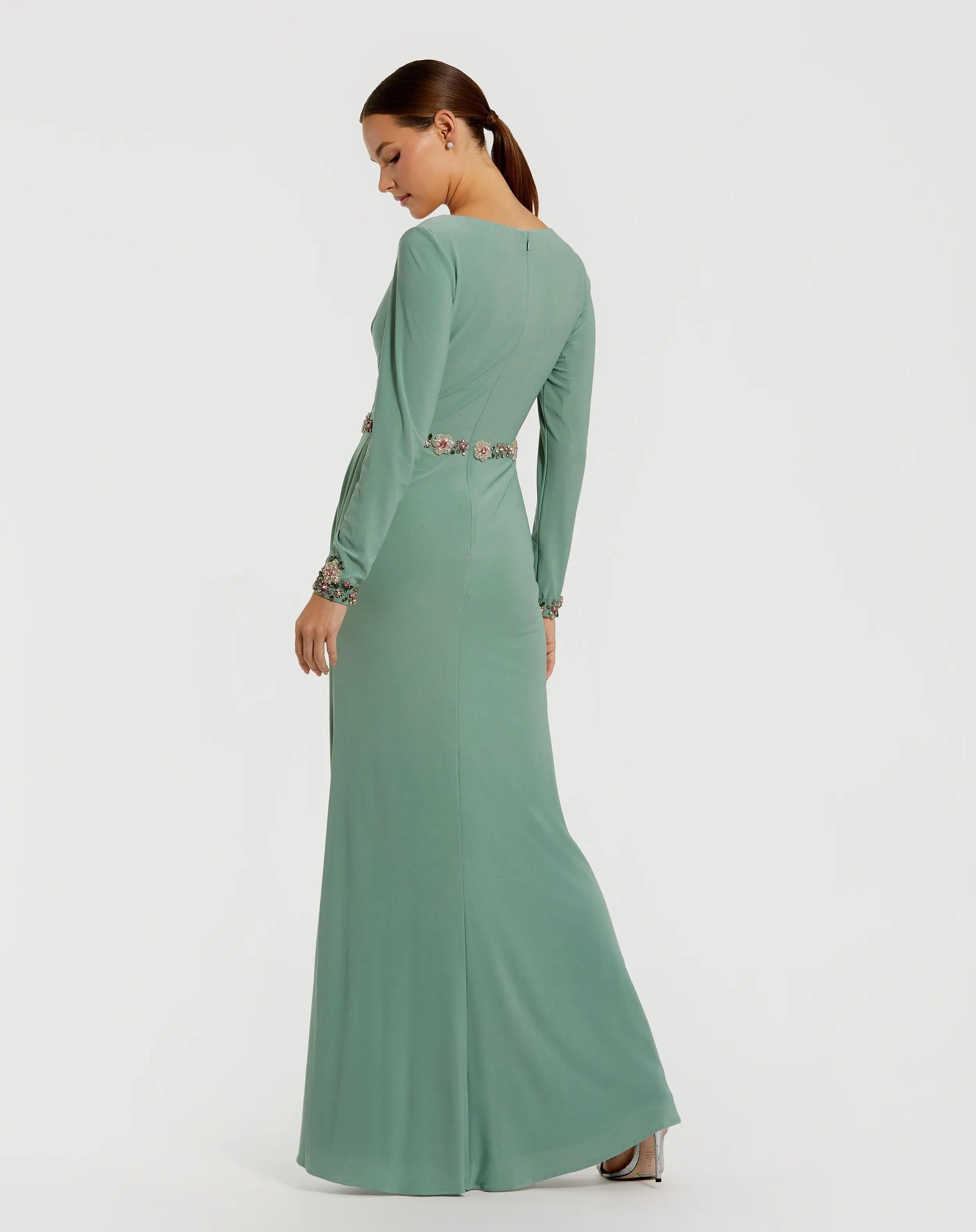 Green Jersey Long Sleeve V Neck Gown With Beaded Belt