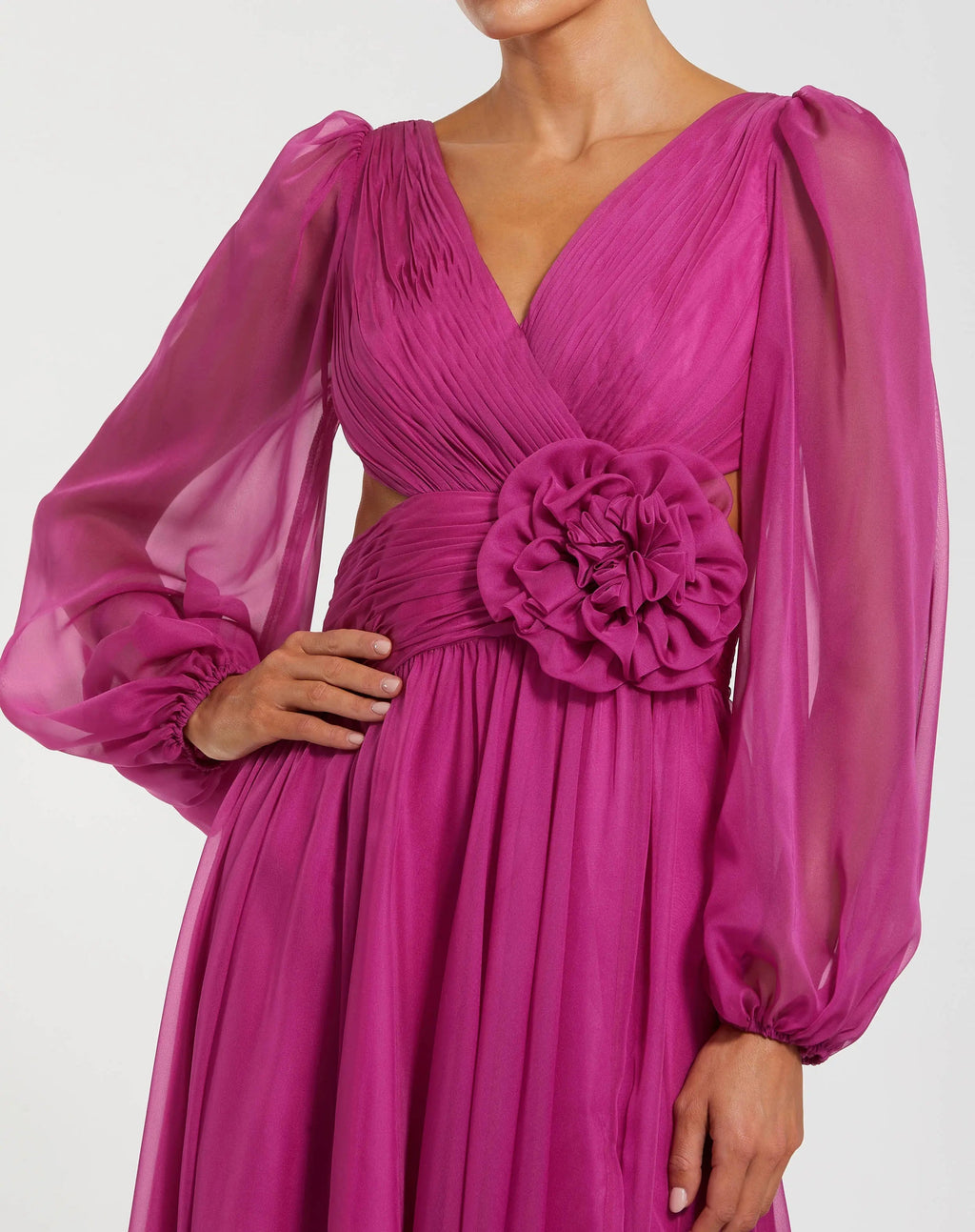 Pink Long Sleeve V-Neck Chiffon Gown With 3D Flower