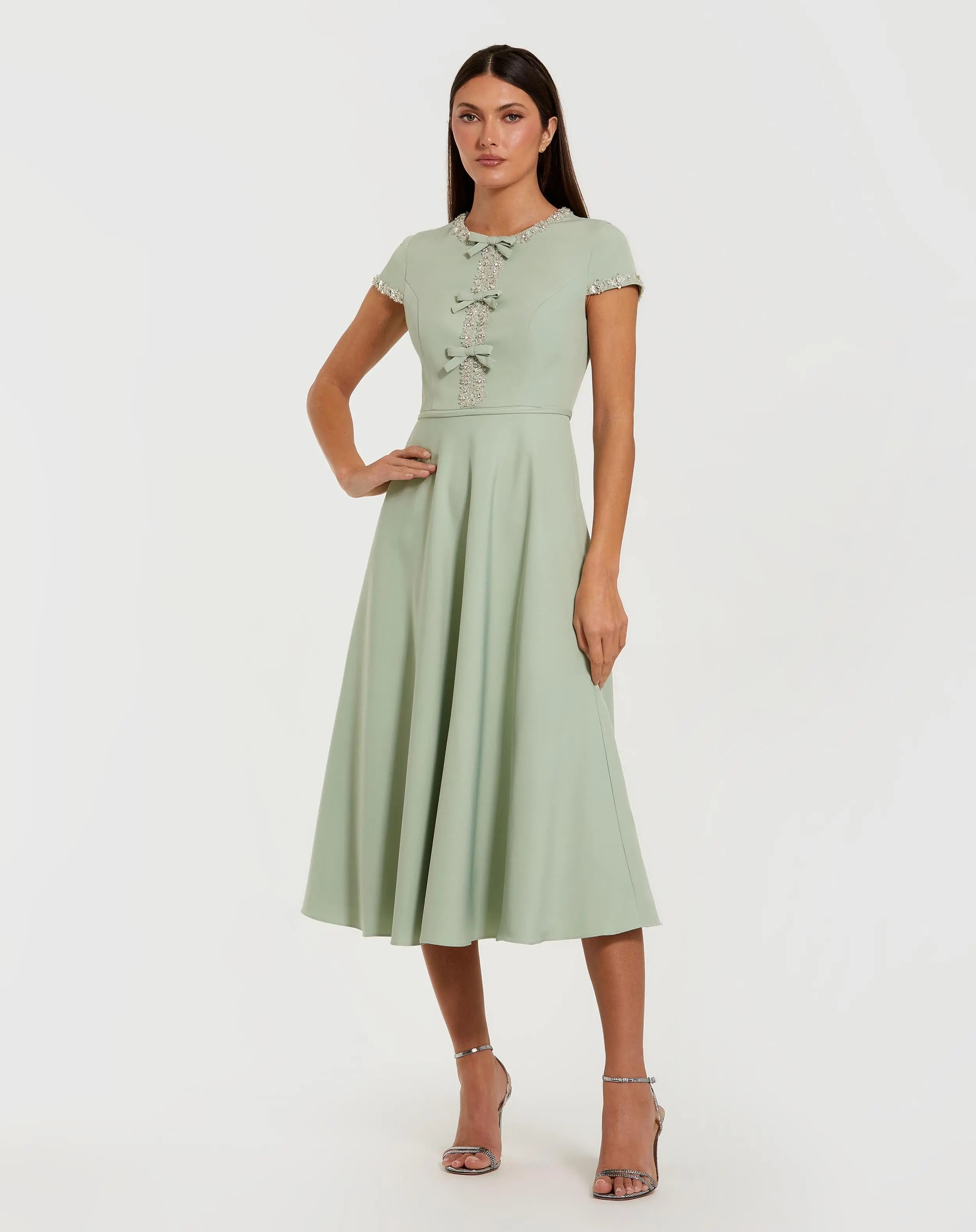 Green Embellished Crepe Cap Sleeve Midi Dress