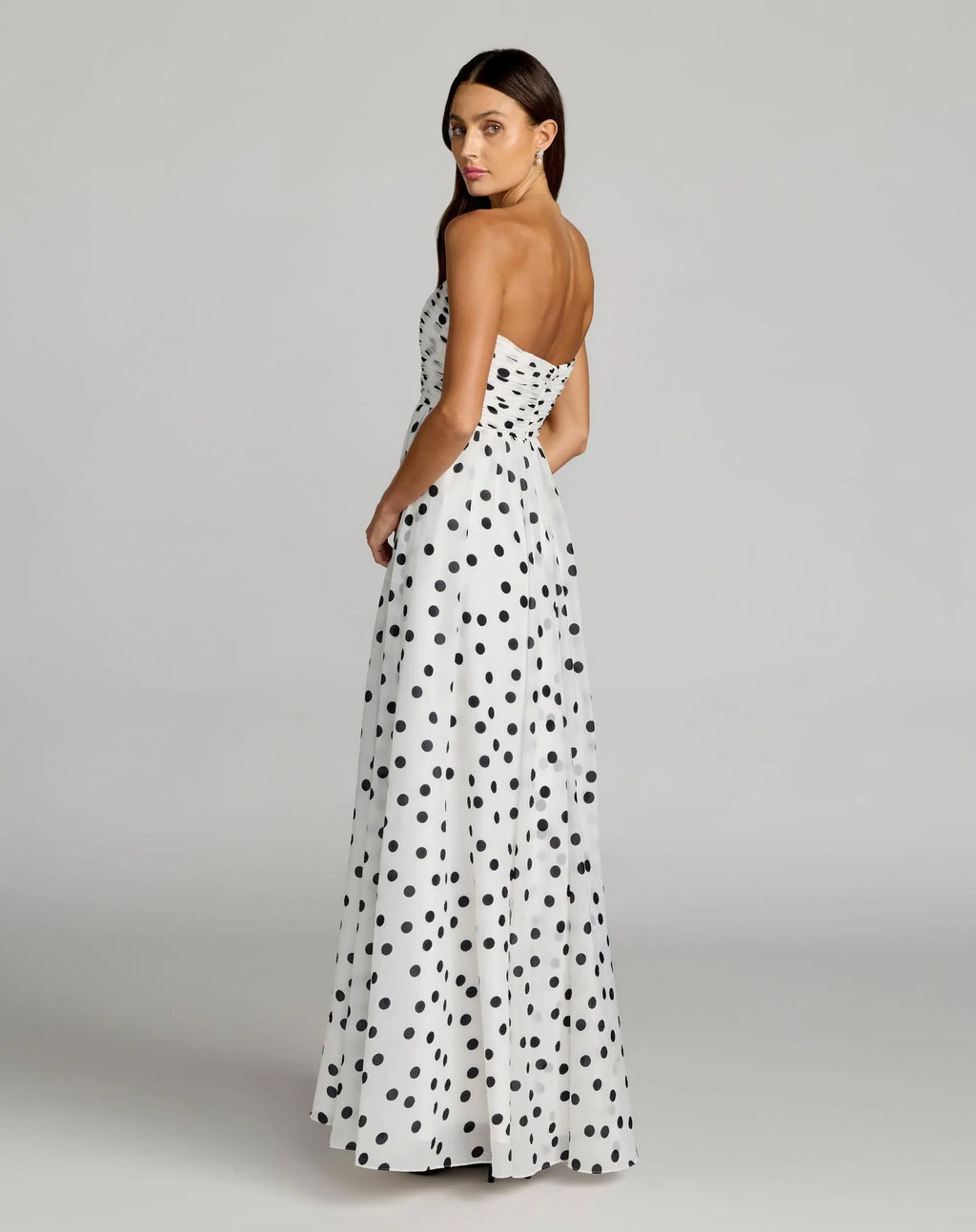 White Polka Dot Strapless Viscose Gown With Slit