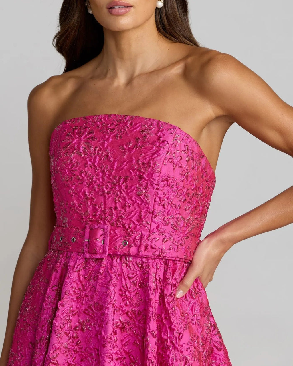 Pink Strapless Floral Brocade Ball Gown With Belt