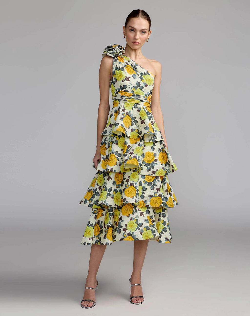 Yellow One Shoulder Floral Tiered Midi Dress