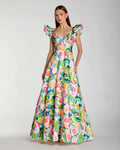 Multicolor Floral Ruffle Cap Sleeve Ball Gown
