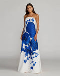 White Floral Printed Strapless Crepe Trapeze Gown