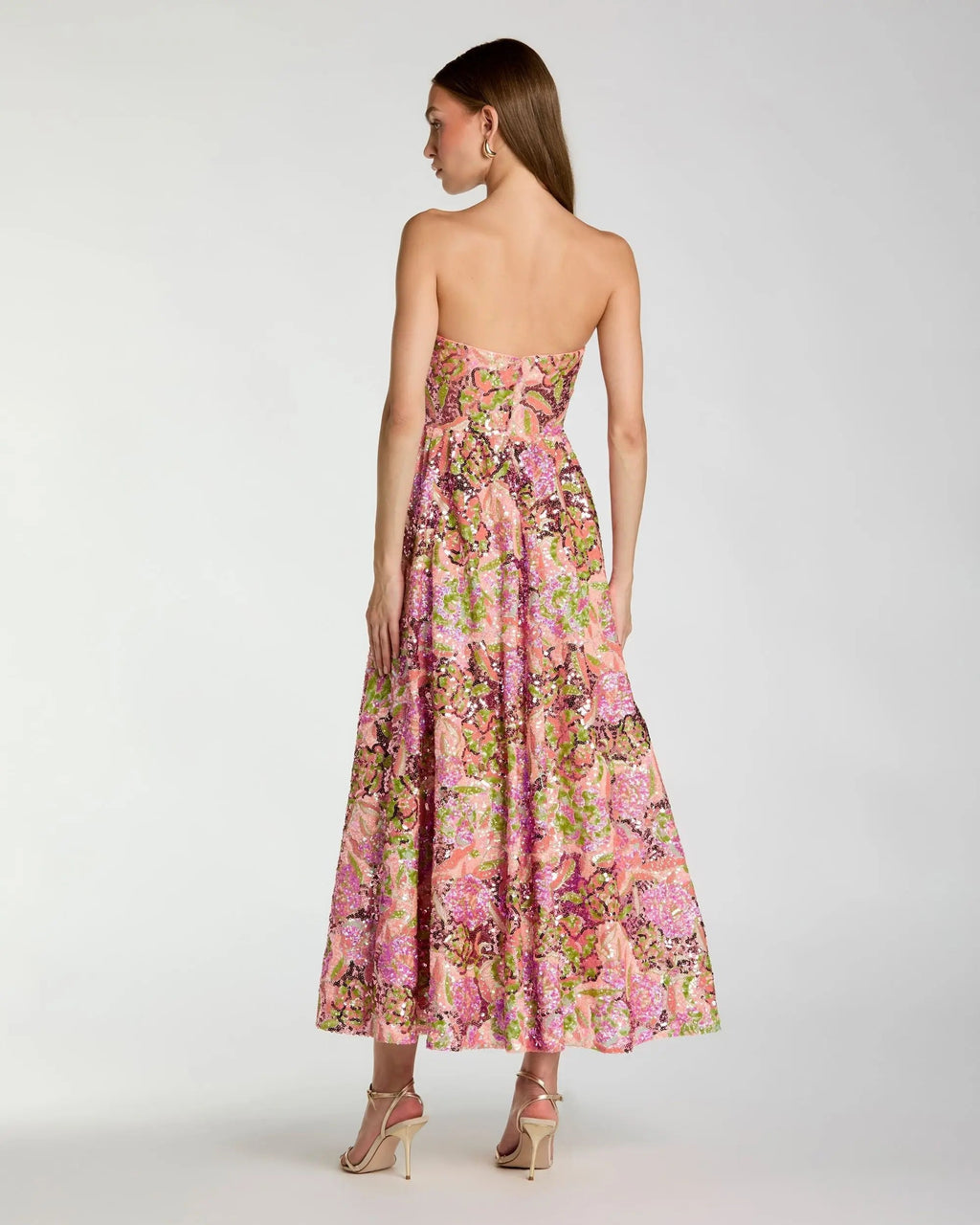 Multicolor Strapless Sequin Floral Midi Dress
