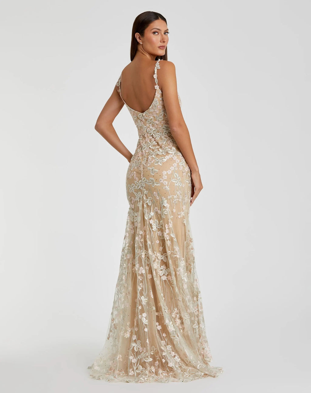 Beige Floral Embroidered Tulle Trumpet Gown - FINAL SALE