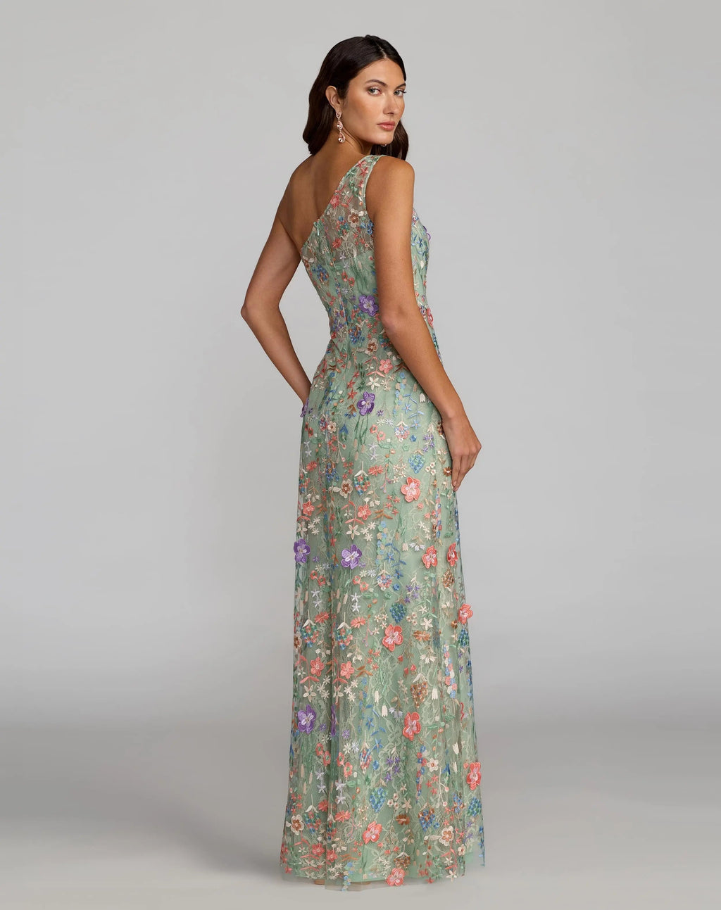 Green One Shoulder Floral Embroidered Gown