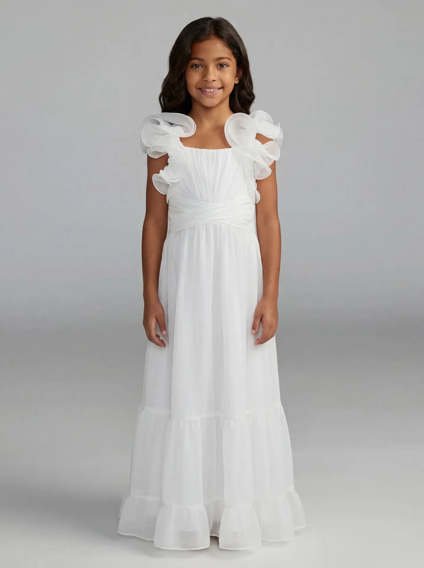 Girls White Chiffon Ruffle Shoulder Long Dress