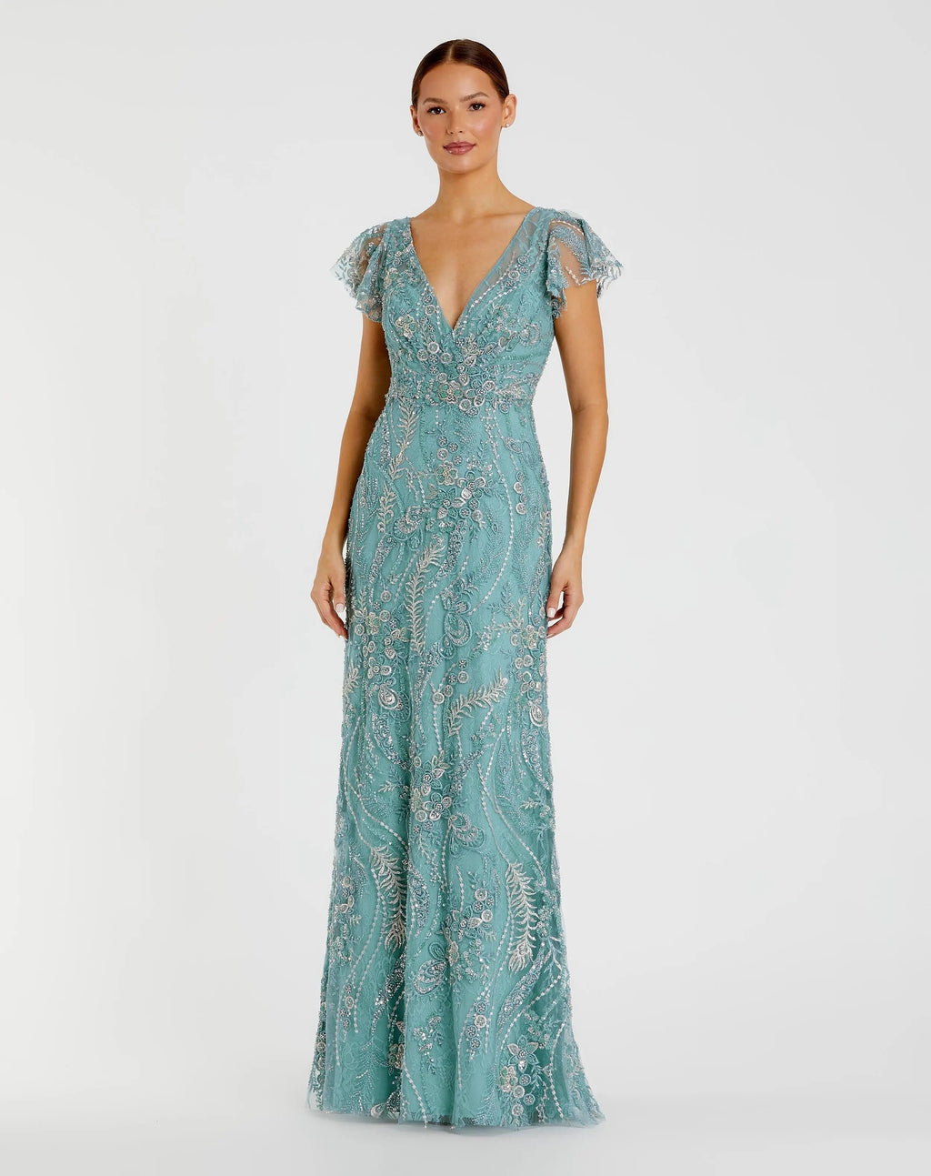Blue V Neck Flutter Sleeve Embroidered Lace Gown