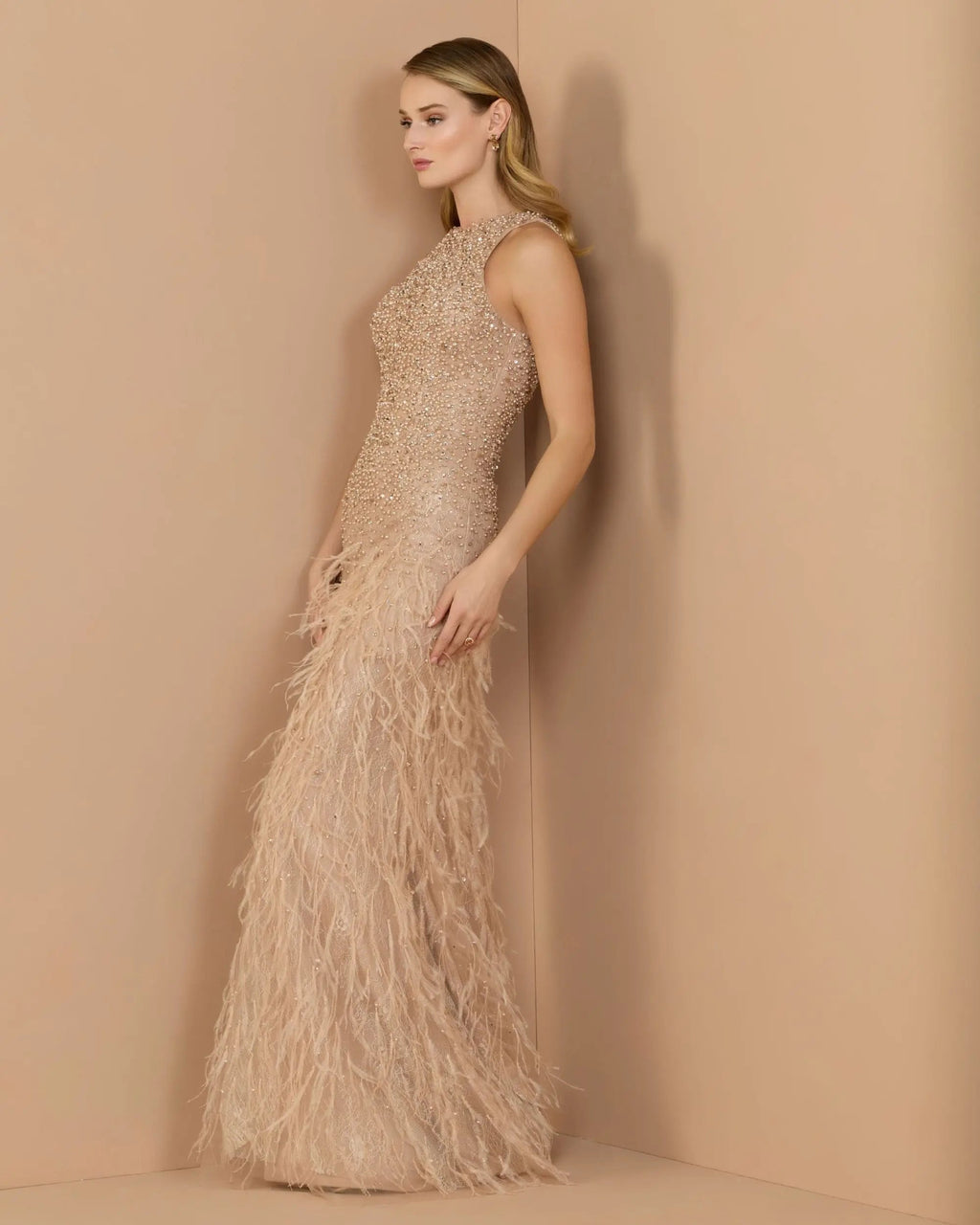 Beige Embellished Lace Sleeveless Feather Gown