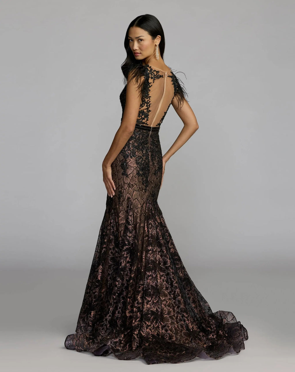 Black Embellished Lace High Neck Gown With Feather Sleeves