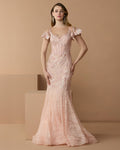 Pink Embroidered Lace Flutter Sleeve Mermaid Gown